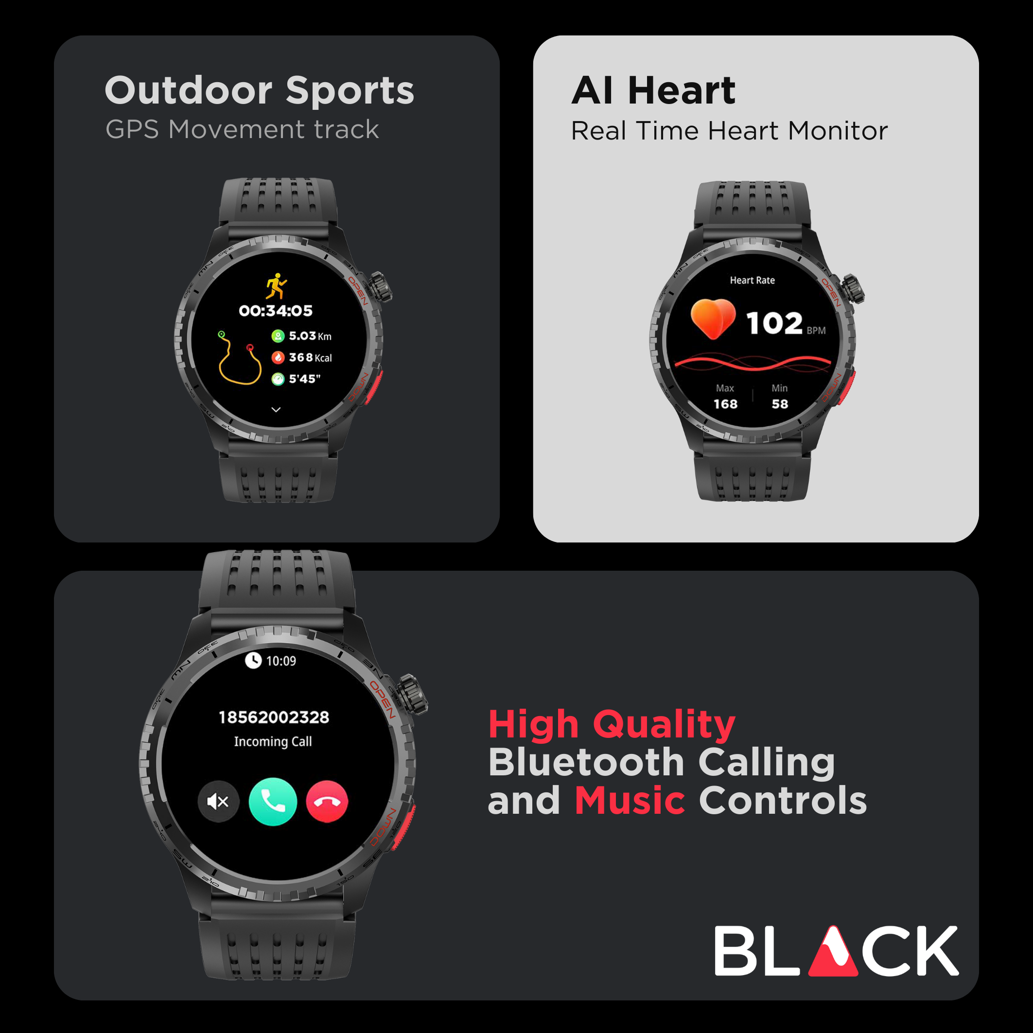 BLACK Fit X GPS Waterproof Health Monitor Smartwatch, Upto 15 Day battery, AMOLED Always ON screen, 1Yr Warranty