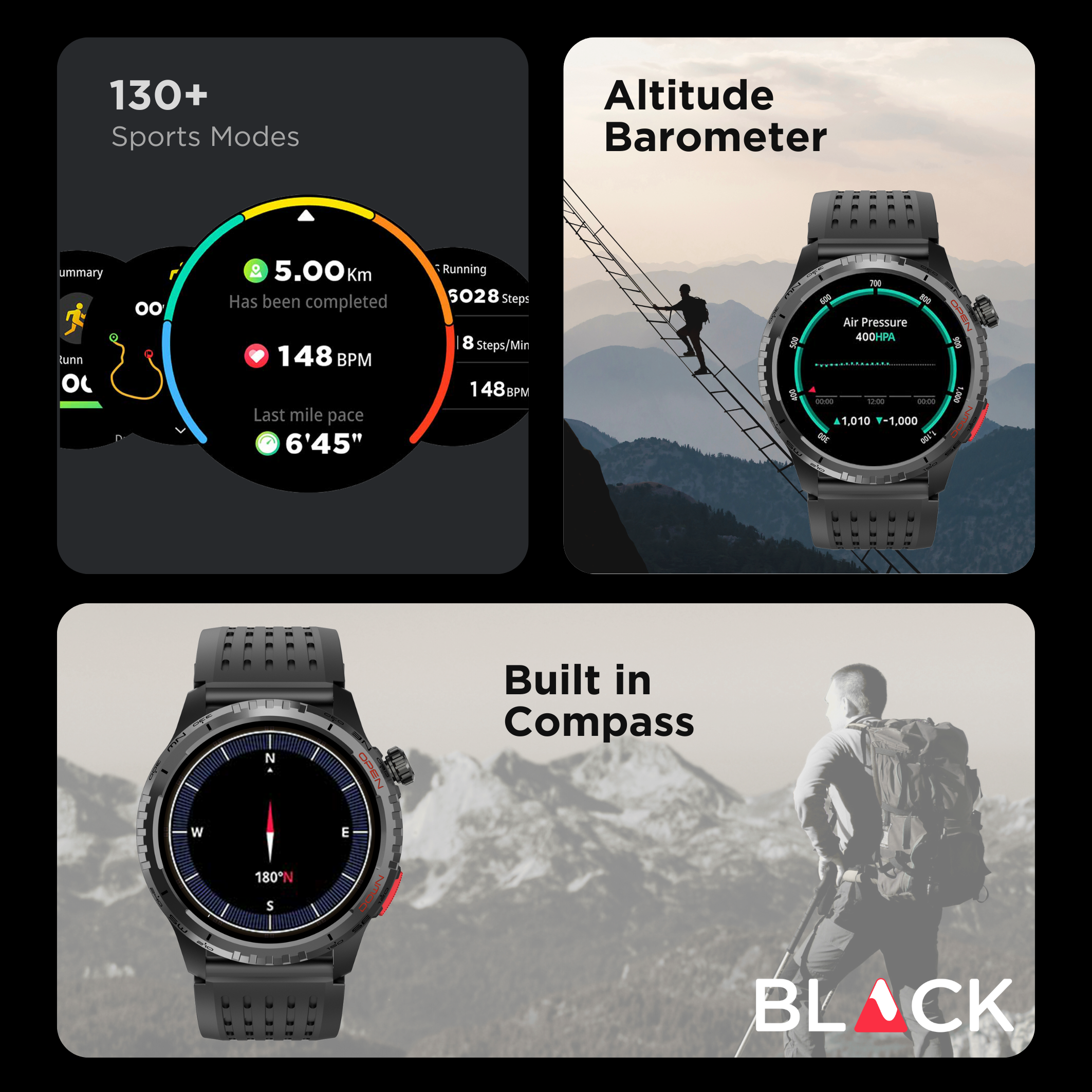 BLACK Fit X GPS Waterproof Health Monitor Smartwatch, Upto 15 Day battery, AMOLED Always ON screen, 1Yr Warranty