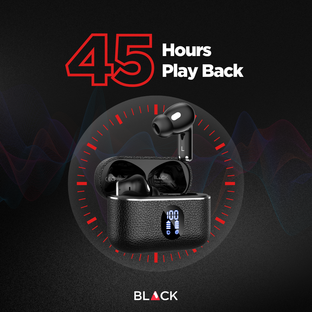 BLACK BassBuds X Hybrid 6 Mic ANC+ENC True Wireless (TWS) Earphones, Upto 45H Playtime, 1 Year Warranty