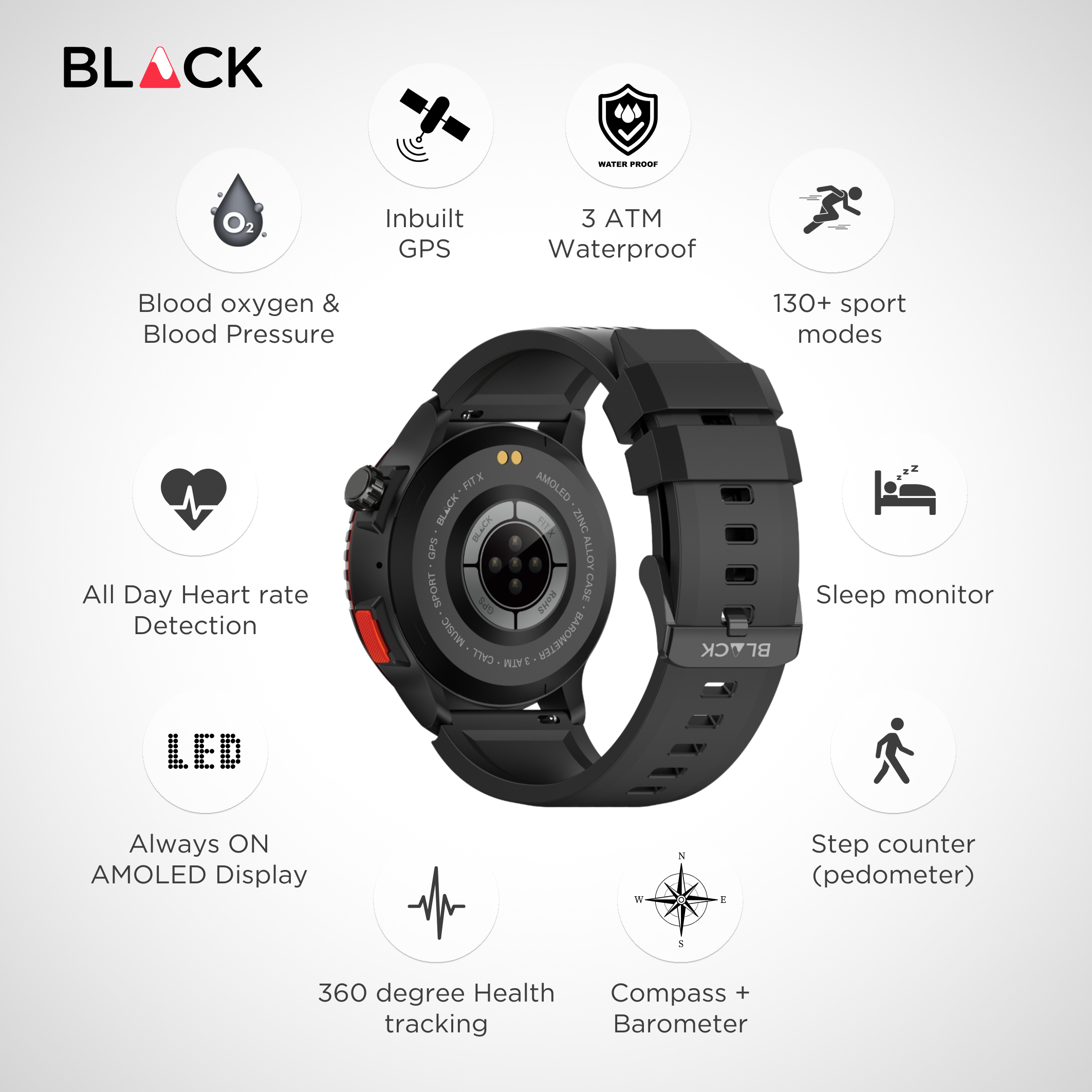 BLACK Fit X GPS Waterproof Health Monitor Smartwatch, Upto 15 Day battery, AMOLED Always ON screen, 1Yr Warranty