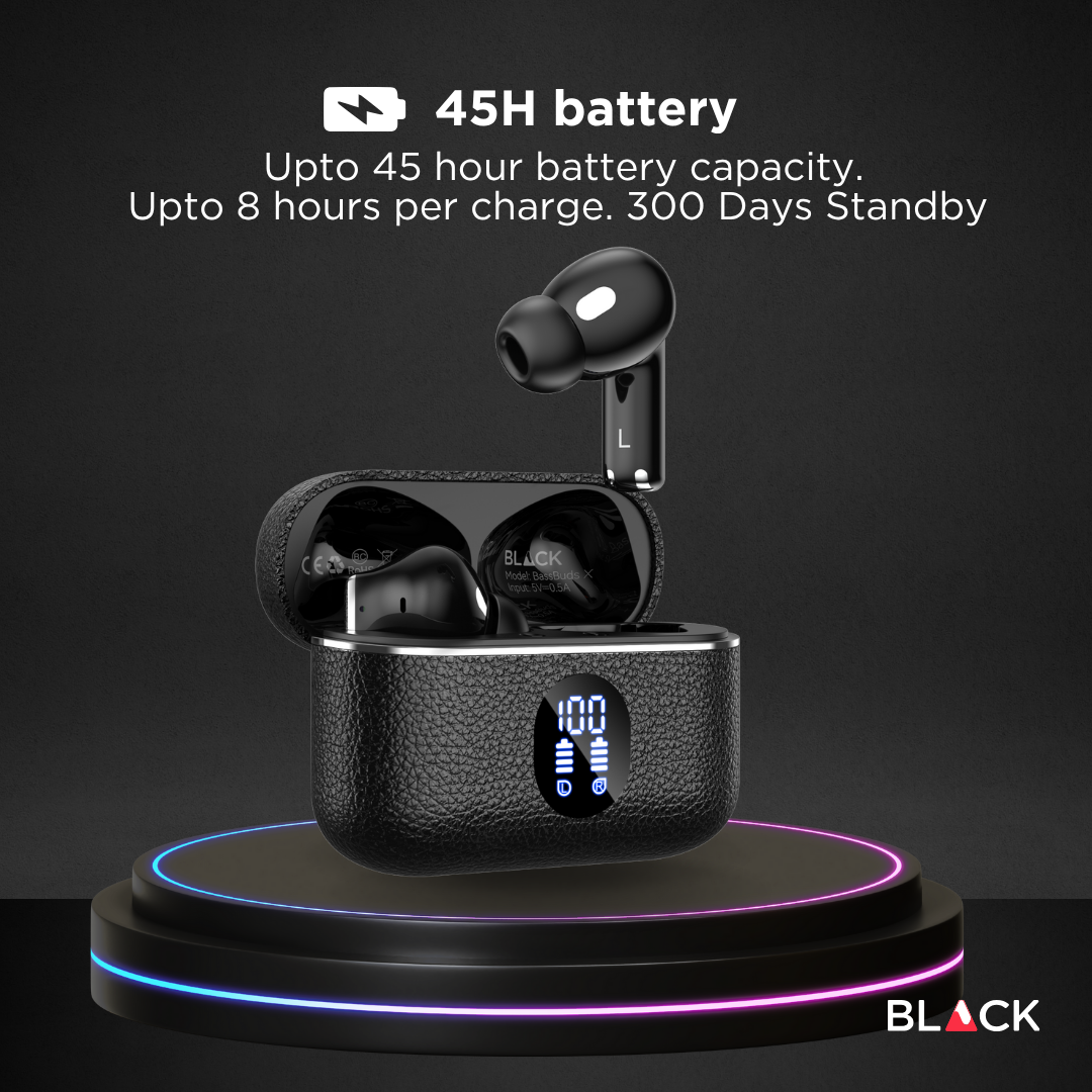 BLACK BassBuds X Hybrid 6 Mic ANC+ENC True Wireless (TWS) Earphones, Upto 45H Playtime, 1 Year Warranty