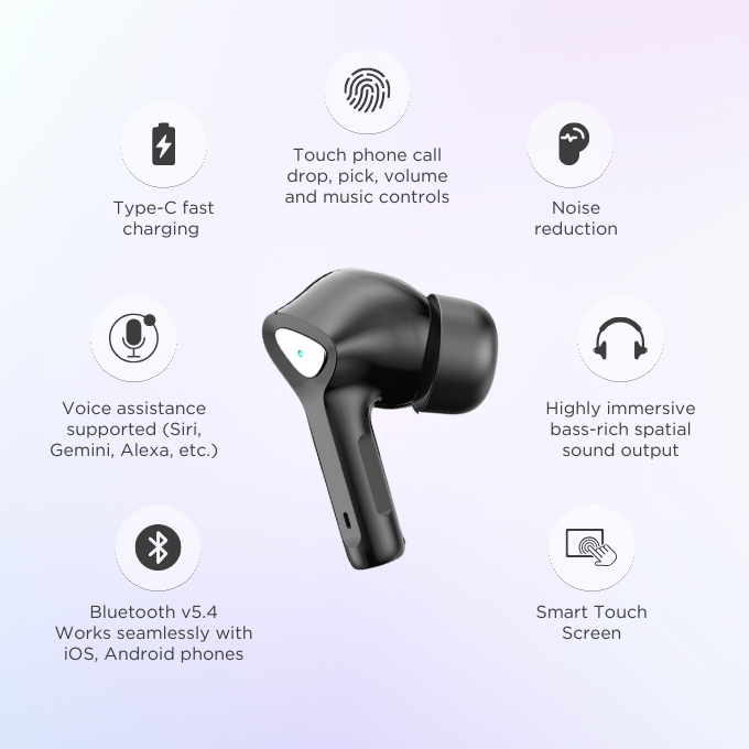 BLACK BassBuds 2 True Wireless (TWS) Earbuds with Smart Touch Screen, Upto 30H Playtime, 1 Yr Warranty