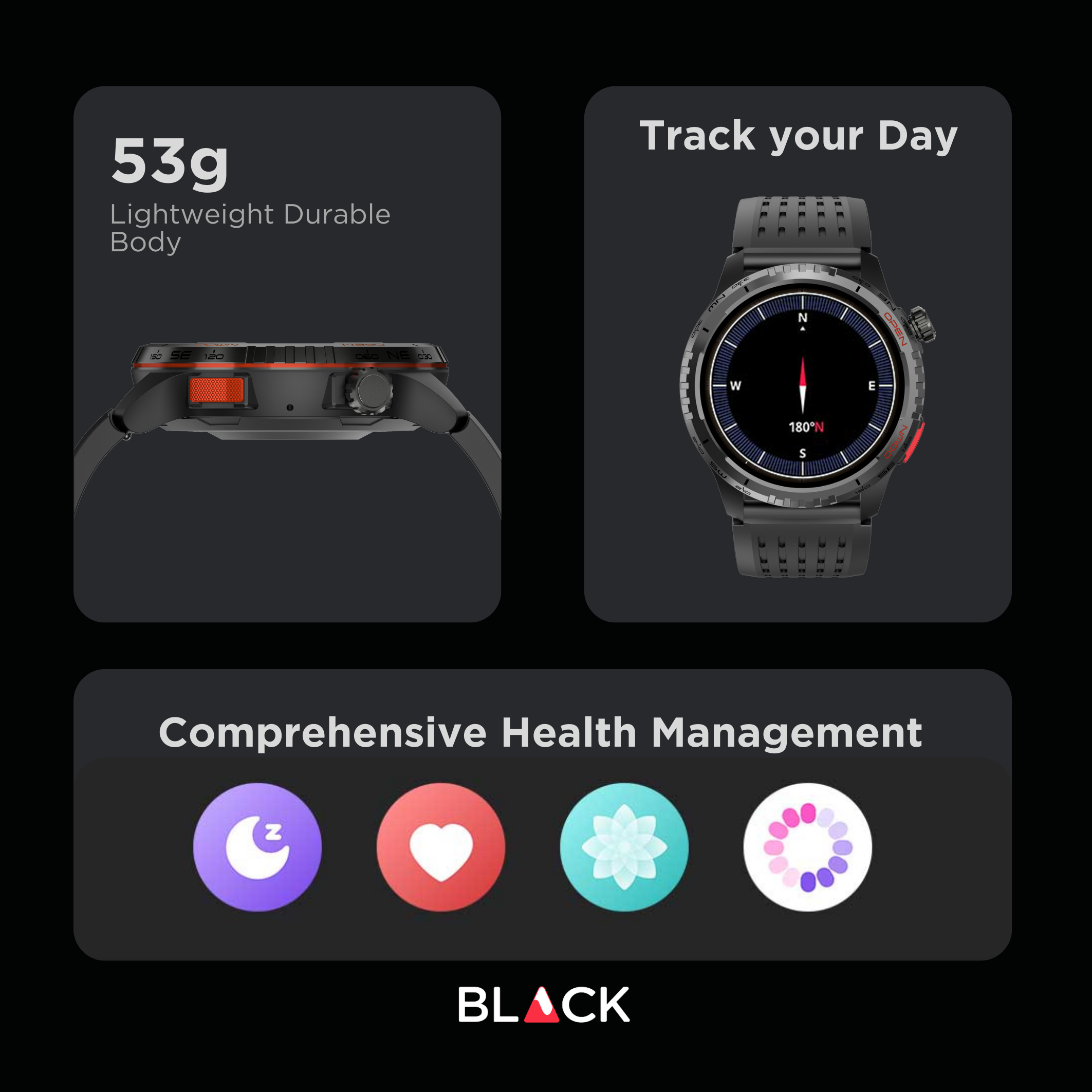 BLACK Fit X GPS Waterproof Health Monitor Smartwatch, Upto 15 Day battery, AMOLED Always ON screen, 1Yr Warranty