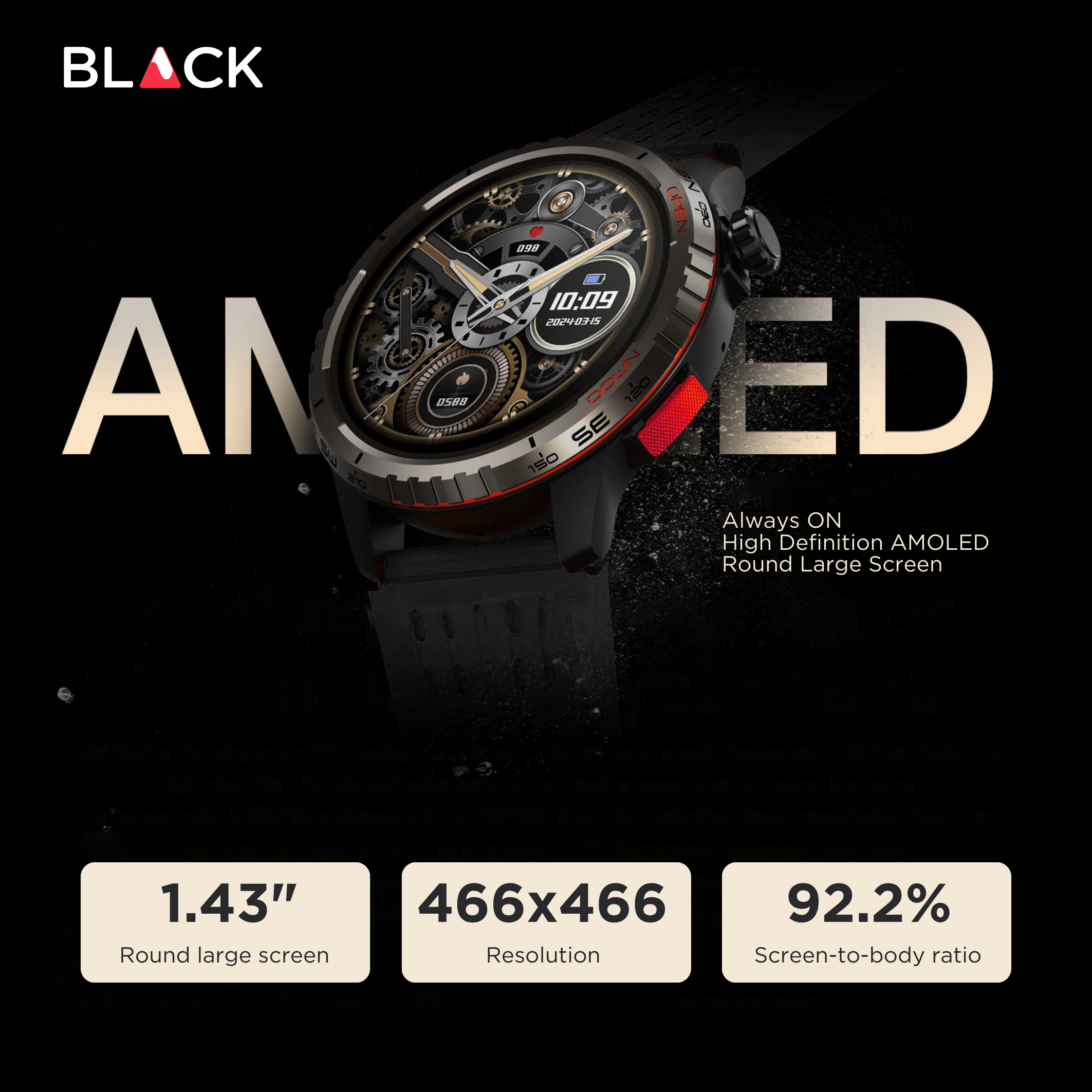 BLACK Fit X GPS Waterproof Health Monitor Smartwatch, Upto 15 Day battery, AMOLED Always ON screen, 1Yr Warranty