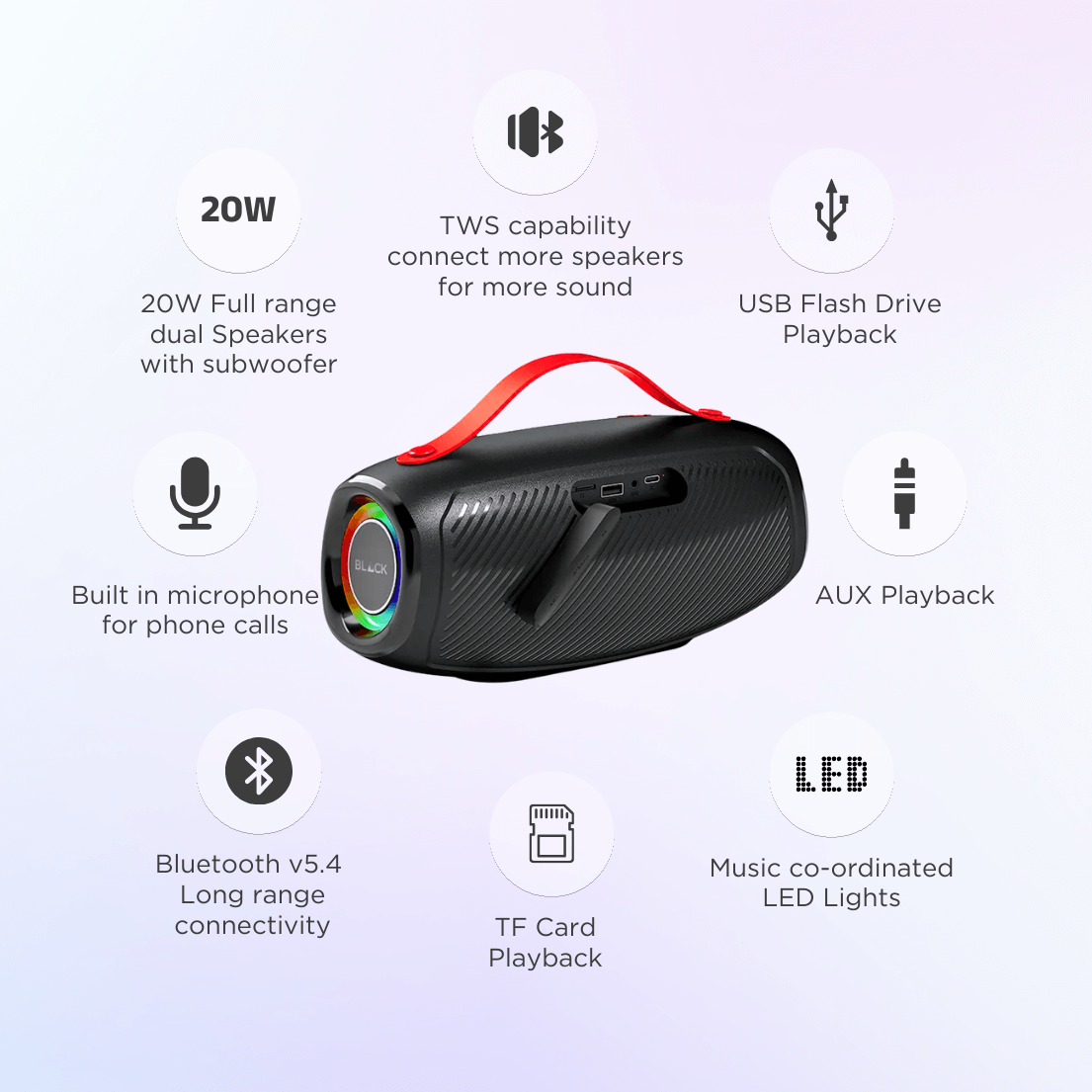 BLACK BassDrum 2 Wireless Bluetooth Speaker, 20W, Upto 9H Playtime, 1 Yr Warranty