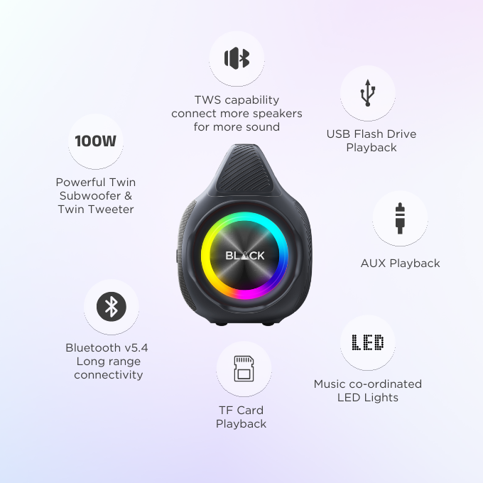 BLACK BassBlast Wireless Bluetooth Speaker, 100W, EX BASS, Up to 9H Playtime, 1 Yr Warranty