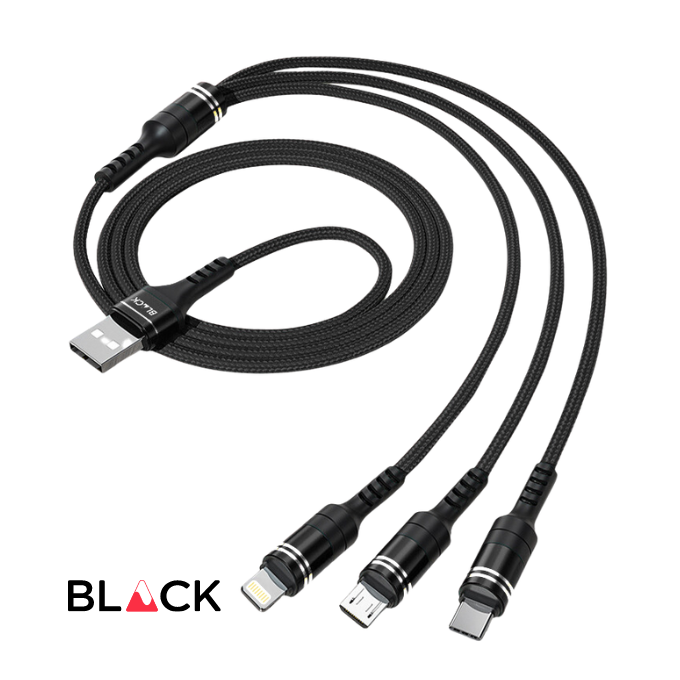 BLACK Cable M 3 in 1 Strong Charging cable for Android & Apple, 1.2m, 1Yr warranty